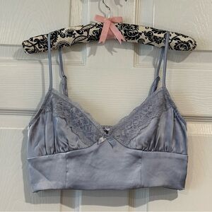 Lace Trim Satin Top - Blue Size S